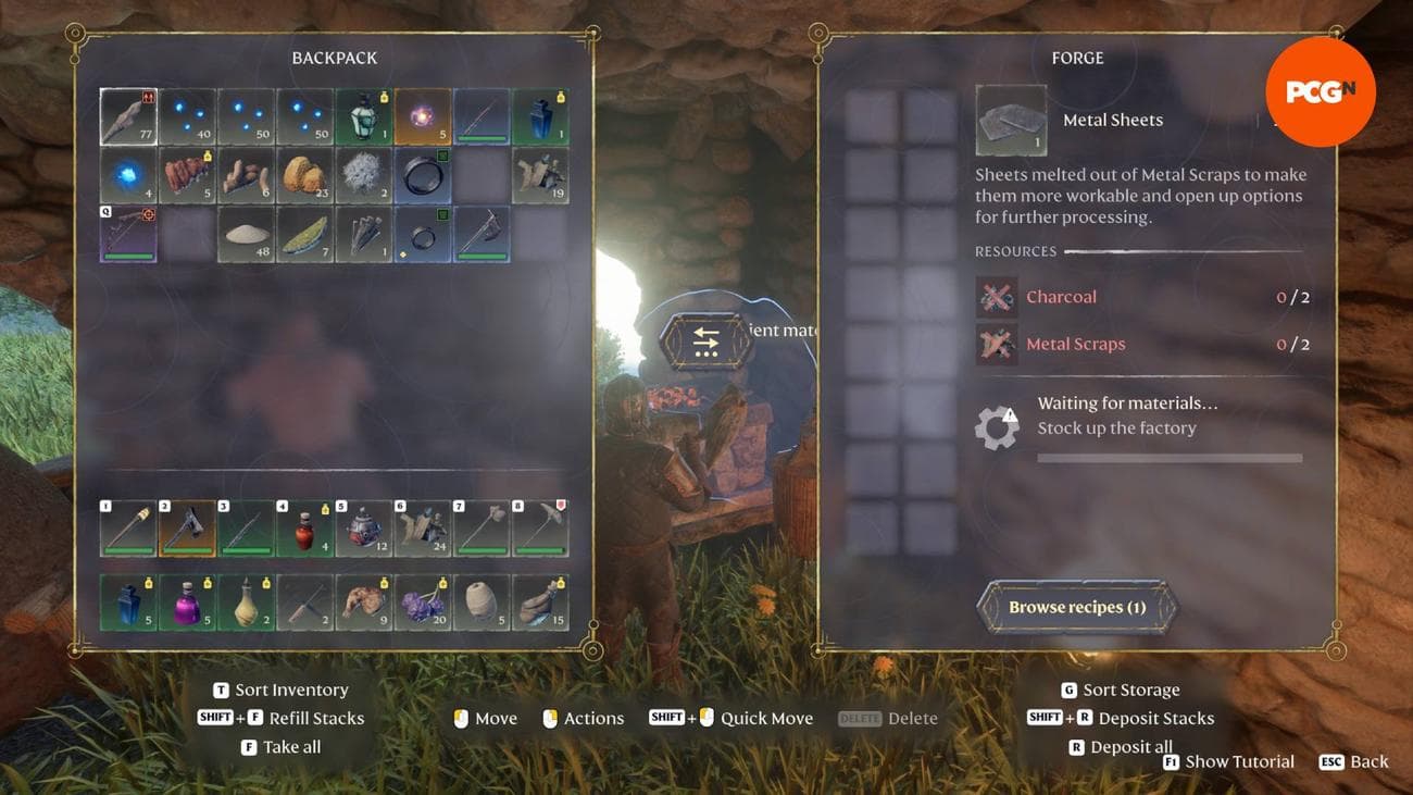 Το μενού Forge στο Enshrouded, που δείχνει πώς να φτιάξετε μεταλλικά φύλλα από μεταλλικά υπολείμματα.