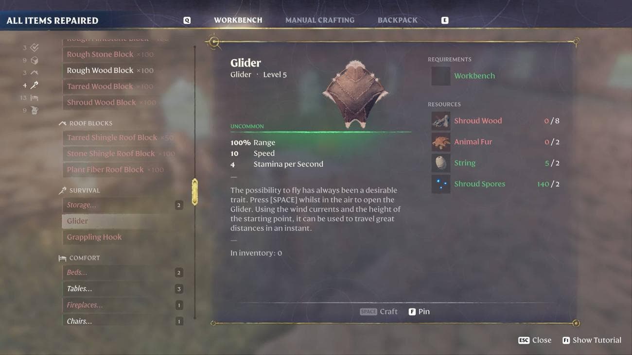 Το Glider στο μενού χειροτεχνίας στο Enshrouded.