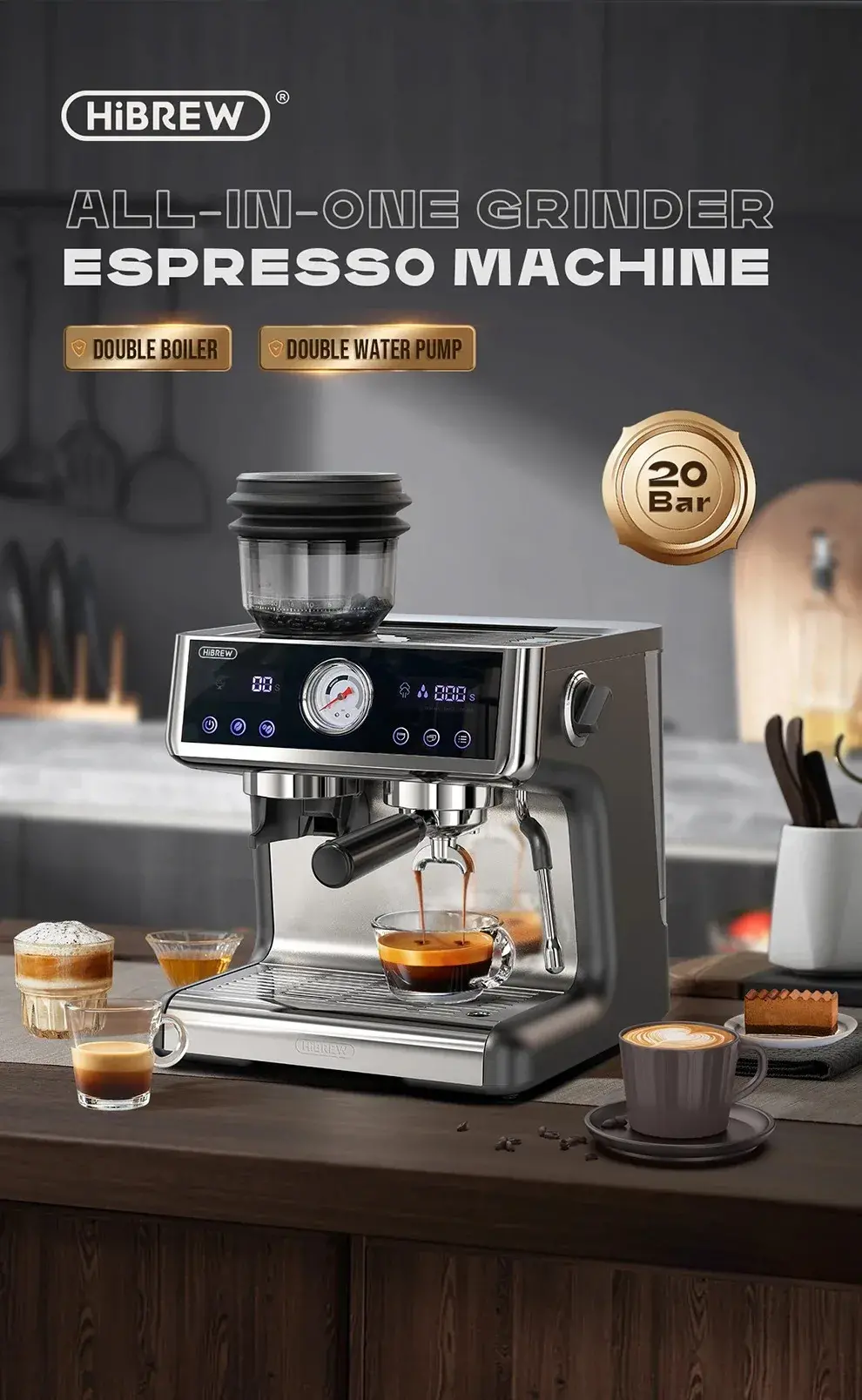 HiBREW H7A : Μια ΤΡΟΜΕΡΗ ημιαυτόματη μηχανή εσπρέσσο με διπλό Boiler και ενσωματωμένο μύλο.