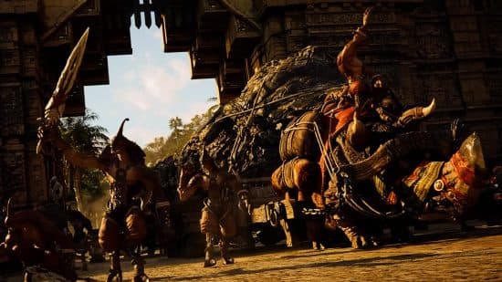 Ημερομηνία κυκλοφορίας του FFXIV Dawntrail - μια ομάδα Mamool Ja κυματίζουν και κάνουν σήμα καθώς περπατούν μέσα από μια πύλη της πόλης.