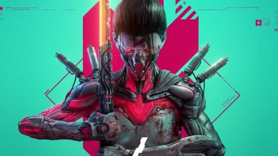 Μια γυναίκα νίντζα ​​με μαύρα μαλλιά δεμένα σε αλογοουρά κρατά ένα λαμπερό katana στα δεξιά της, με μεταλλικά εμφυτεύματα να καλύπτουν το σώμα της, μια μάσκα που καλύπτει το πρόσωπό της