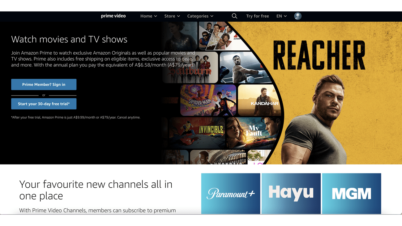 Στιγμιότυπο οθόνης της αρχικής σελίδας του Amazon Prime Video