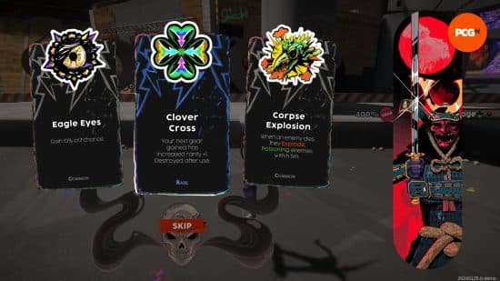 Helskate - Ο παίκτης επιλέγει από τρεις διαφορετικές αναβαθμίσεις για να ενισχύσει το τρέξιμό του.