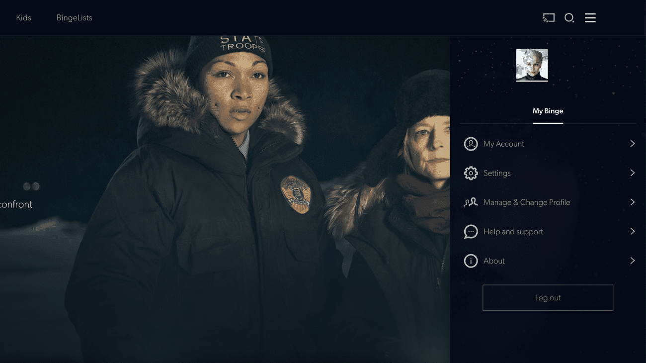 Στιγμιότυπο οθόνης της αρχικής σελίδας του Binge και του μενού λογαριασμού