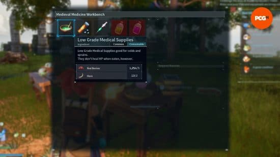Πώς να θεραπεύσετε τους φίλους: Η συνταγή για ιατρικές προμήθειες χαμηλής ποιότητας σε έναν πάγκο εργασίας για φάρμακα στο Palworld.