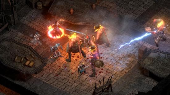 Best Pirate games: several pirates are fighting giant hammer-wielding guardians in some ruins.