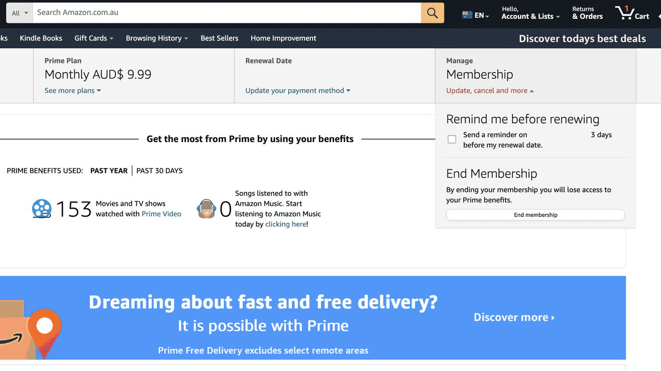 Στιγμιότυπο οθόνης της σελίδας συνδρομής Amazon Manage