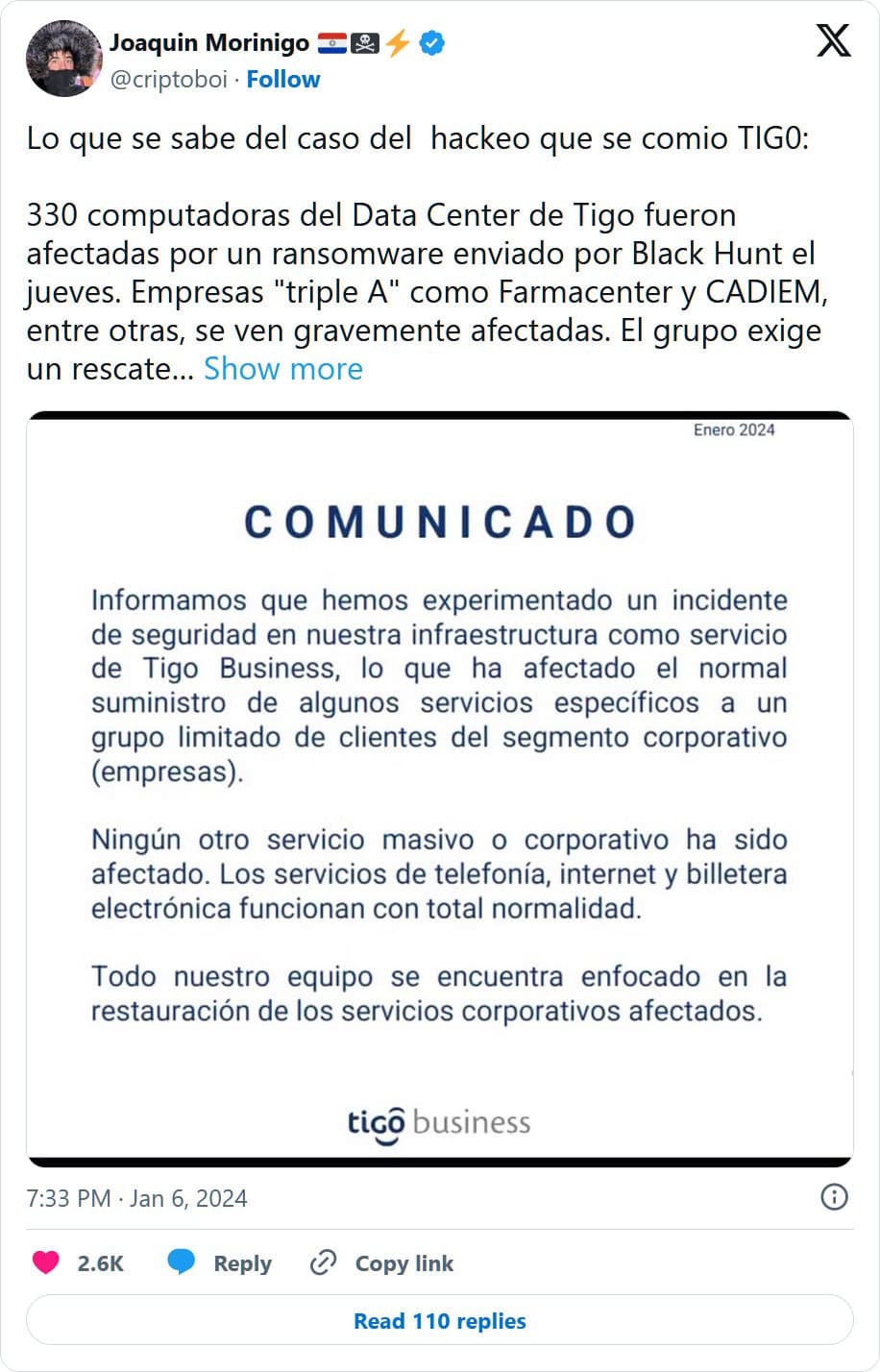 Η Παραγουάη προειδοποιεί για επιθέσεις ransomware του Black Hunt μετά από παραβίαση του Tigo Business, Η Παραγουάη προειδοποιεί για επιθέσεις ransomware του Black Hunt μετά από παραβίαση του Tigo Business, TechWar.GR