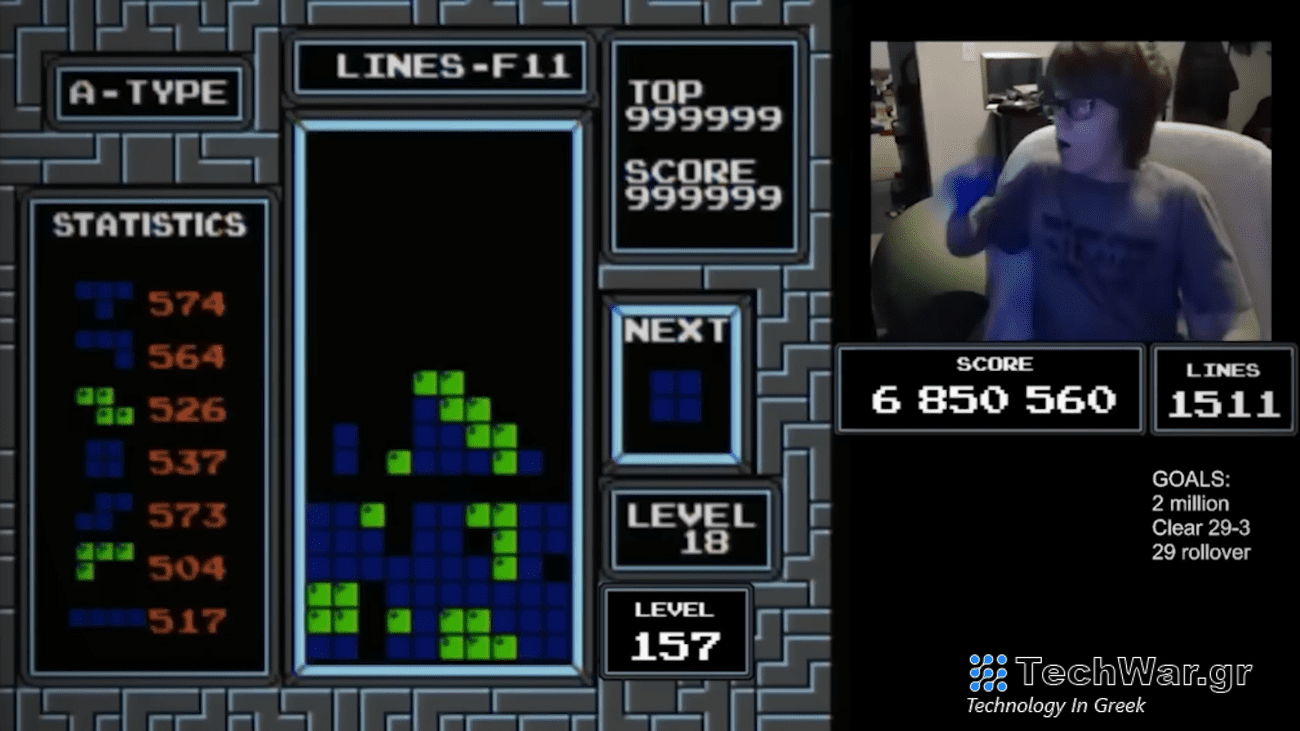 Screenshot of Willis Gibson achieving kill screen on classic Tetris