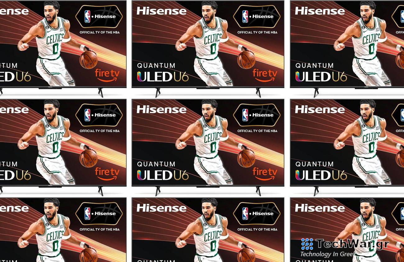 A pane of Hisense 76U6HF TVs on a plain white background.