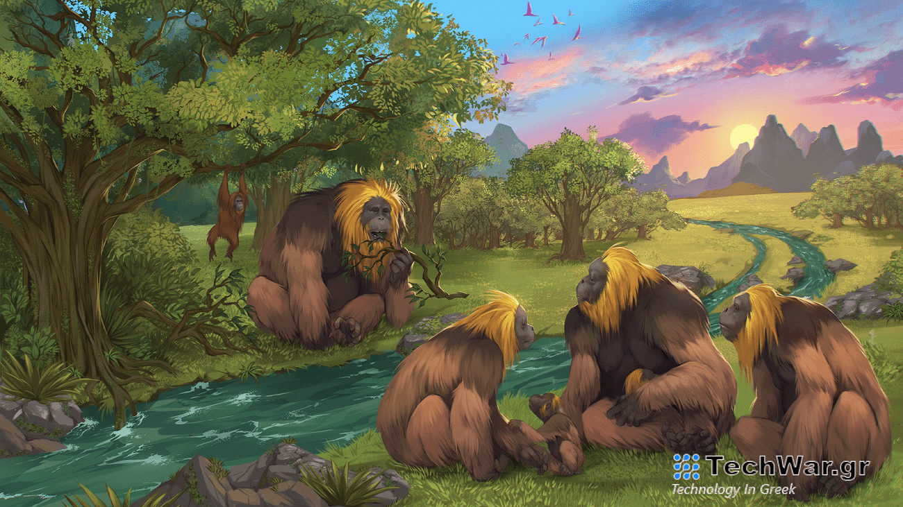 An artist’s impression of a group of G. blacki within a forest in southern China. Four of these giant apes sit on the grass near a stream, while an orangutan hangs from a tree branch. They are brown with yellow-ish manes around their faces.