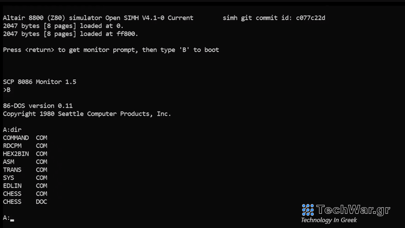 Screenshot of emulator running 86-DOS version 0.1