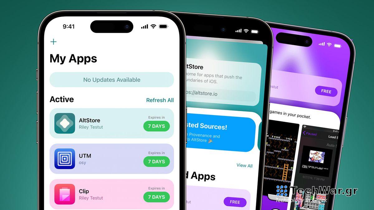 Three iPhones on a green background showing AltStore