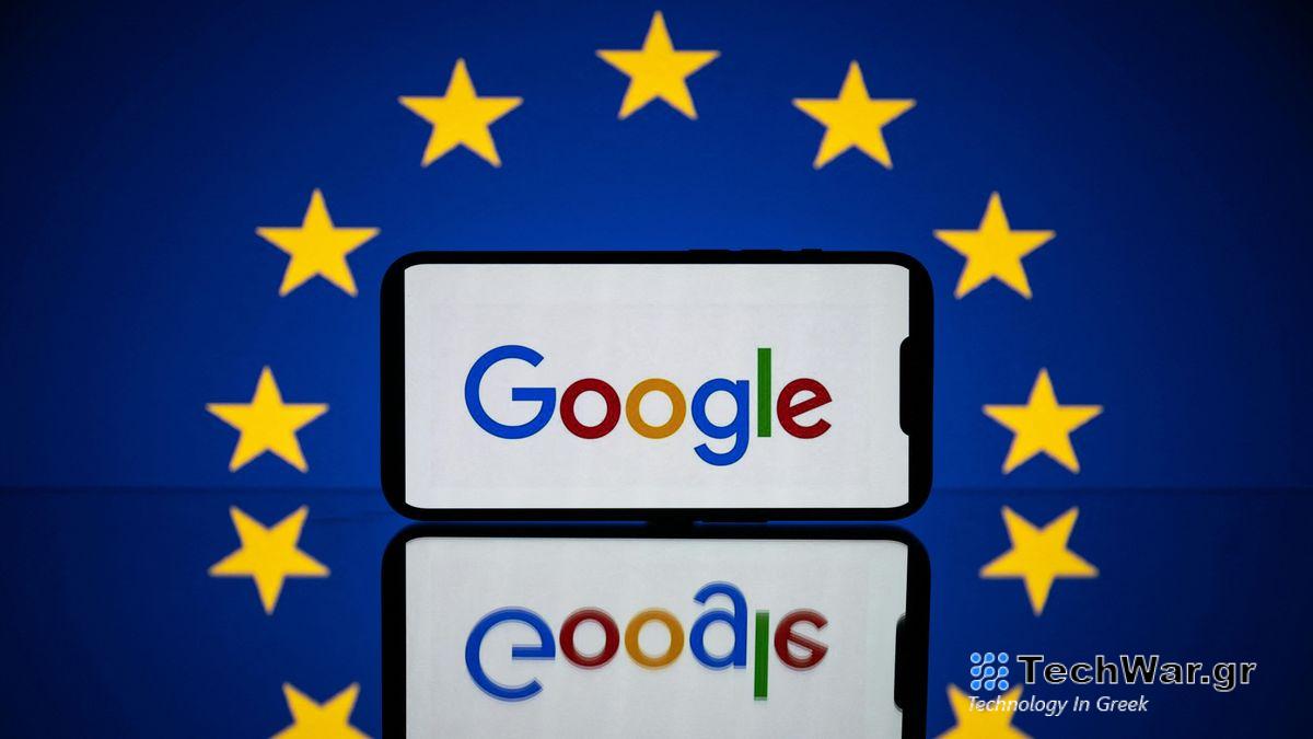 The picture shows a screen displaying the Google logo and the European flag. 