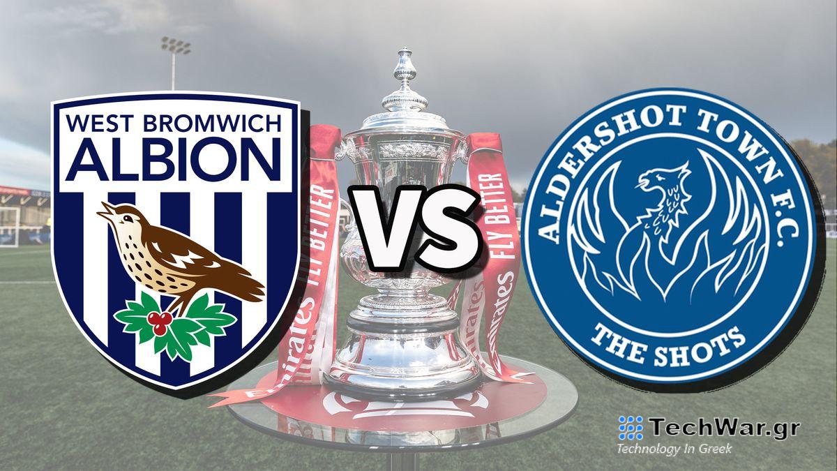 West Brom and Aldershot football club logos over an image of the FA Cup Trophy
