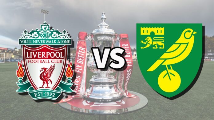 Liverpool and Norwich football club logos over an image of the FA Cup Trophy