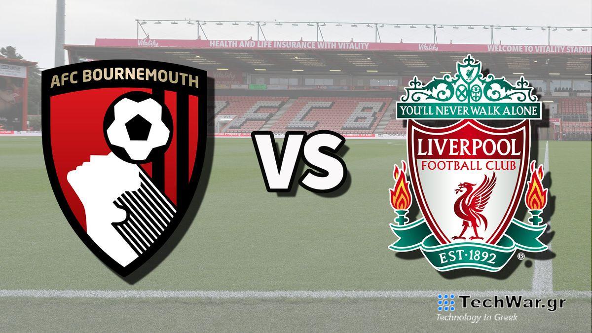 The AFC Bournemouth and Liverpool club badges on top of a photo of the Vitality Stadium in Bournemouth, England