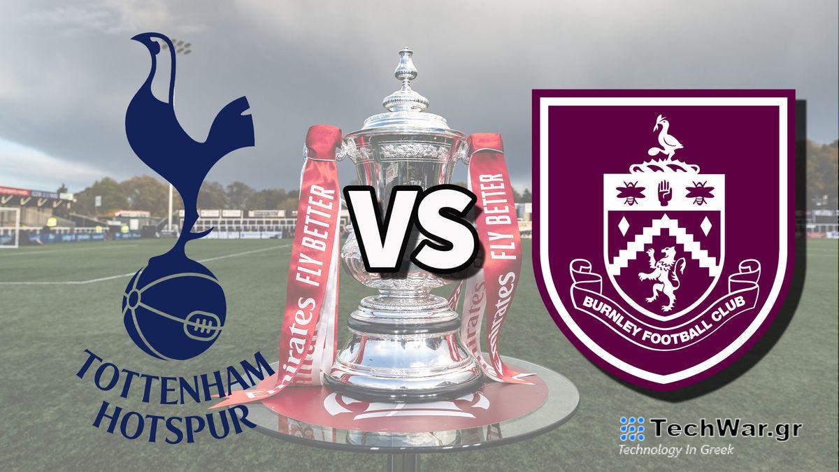 Tottenham and Burnley football club logos over an image of the FA Cup Trophy