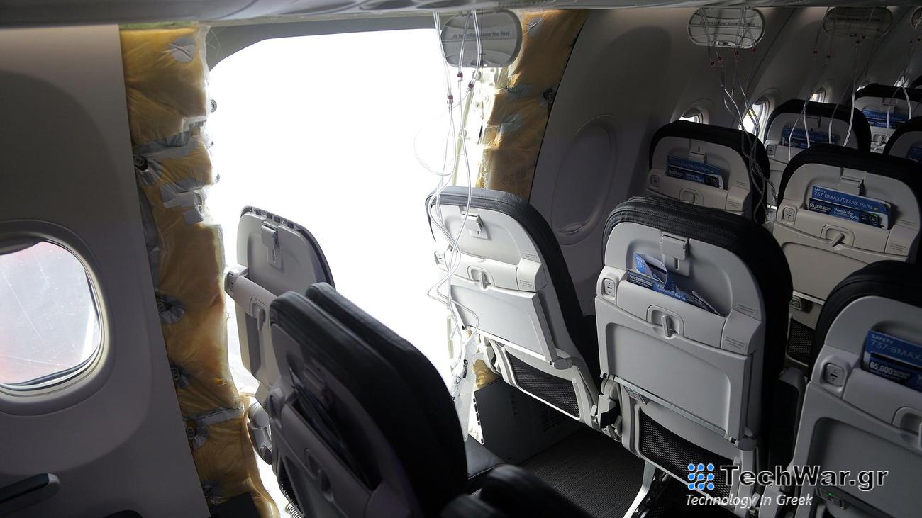 Interior of Boeing 737-9 Max with emergency passenger door plug blown off