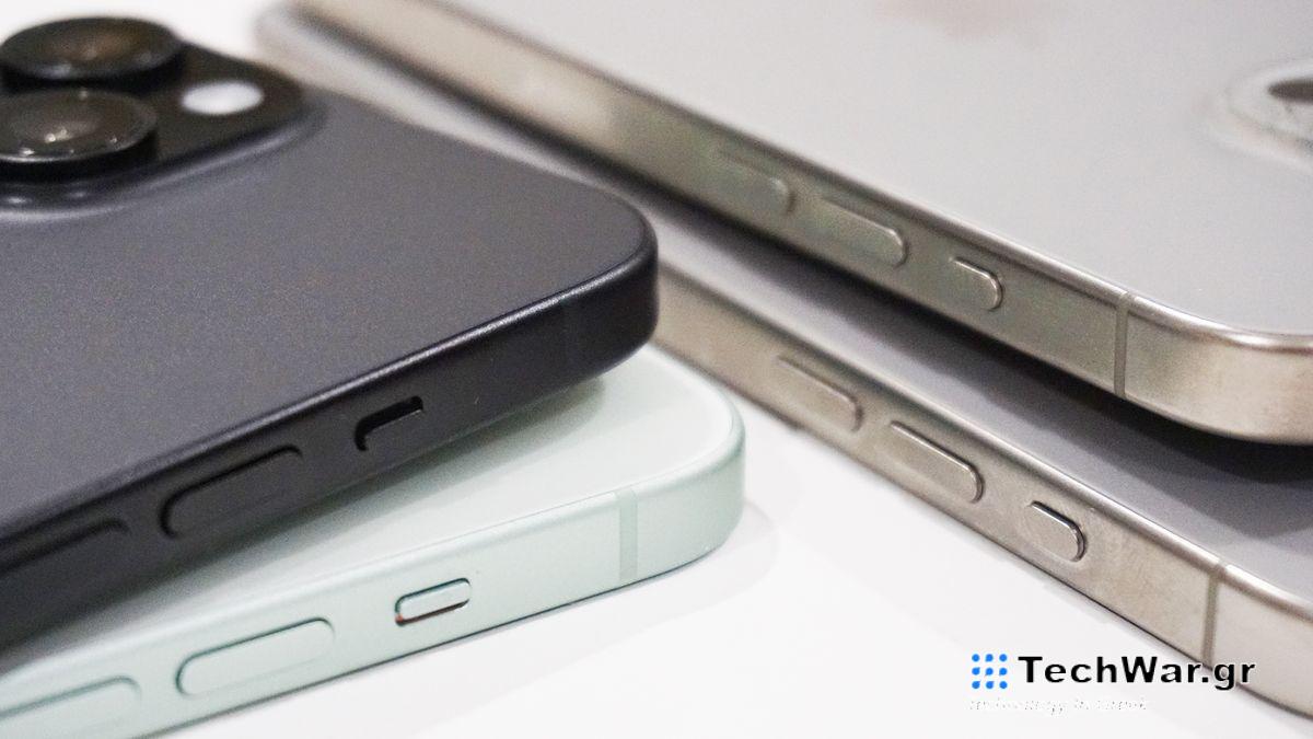 iPhone 15 family back angled corner closeup stacked in two piles