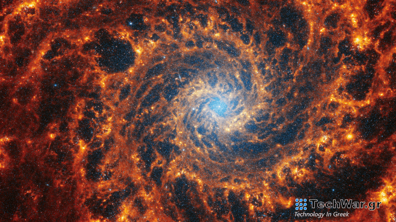 Face-on spiral galaxy, NGC 628, is split diagonally in this image: The James Webb Space Telescope’s observations appear at top left, and the Hubble Space Telescope’s on bottom right. JWST’s observations combine near- and mid-infrared light and Hubble’s showcase visible light. Dust absorbs ultraviolet and visible light, and then re-emits it in the infrared. In JWST’s images, we see dust glowing in infrared light. In Hubble’s images, dark regions are where starlight is absorbed by dust.