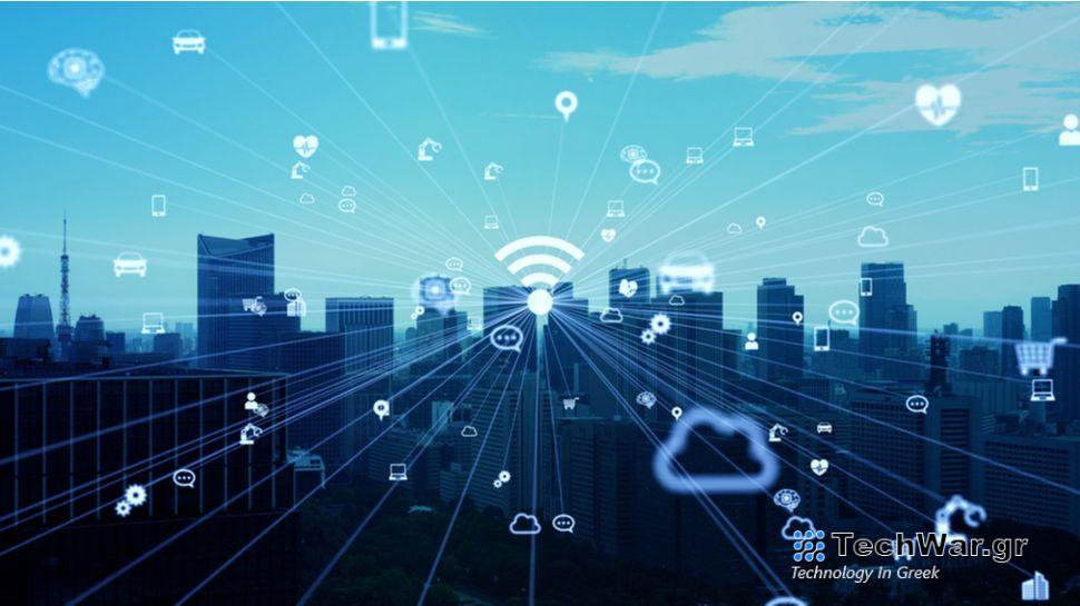 Representational image of internet connections against a cityscape.