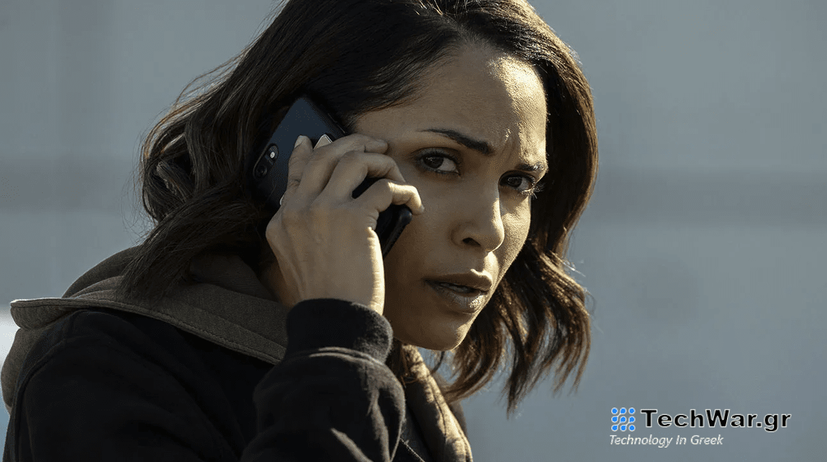 Jackie Quiñones (played by Monica Raymund) holds a smartphone to her ear in Hightown season 3