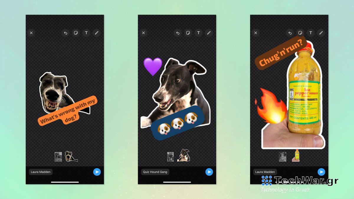 Three screenshots from the WhatsApp Sticker creator on iPhone
