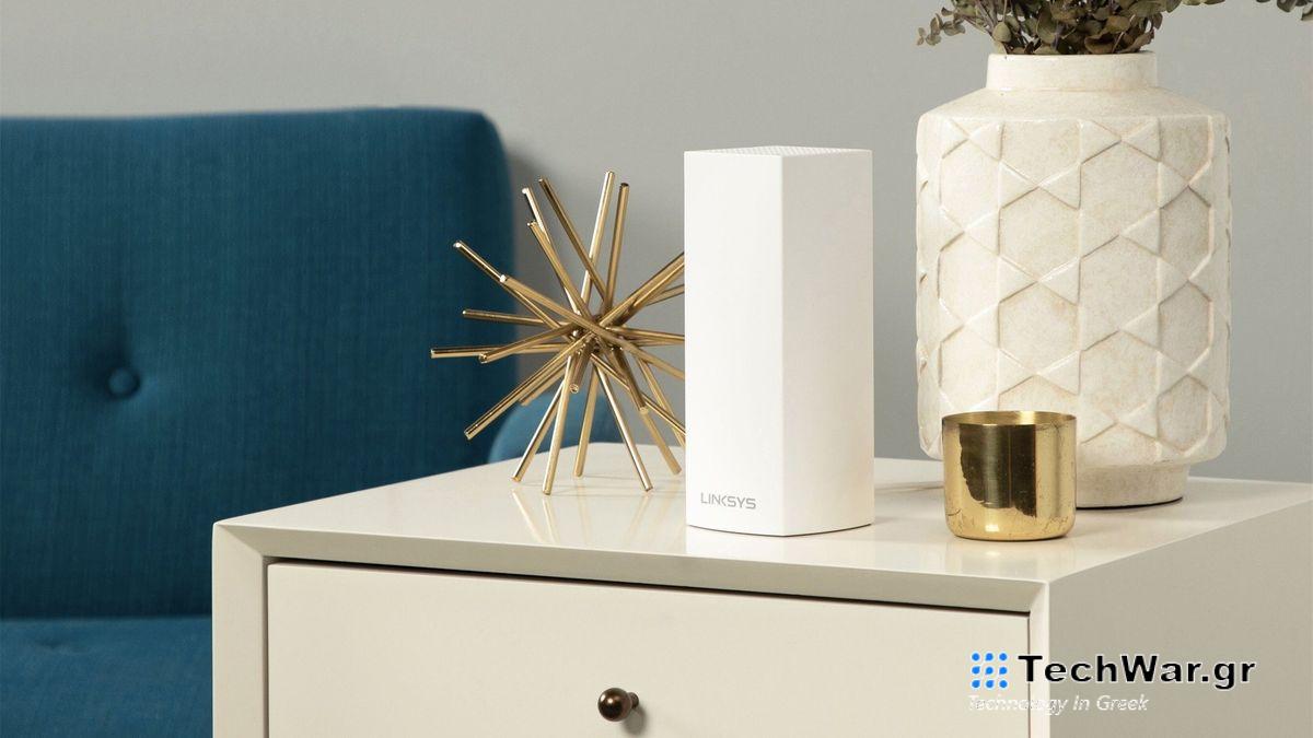 Linksys Velop router on a small drawer.