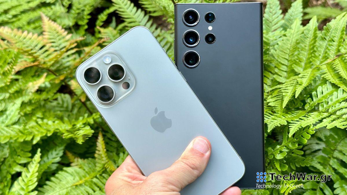 iPhone 15 Pro Max and Samsung Galaxy S23 Ultra showing backs of the phones