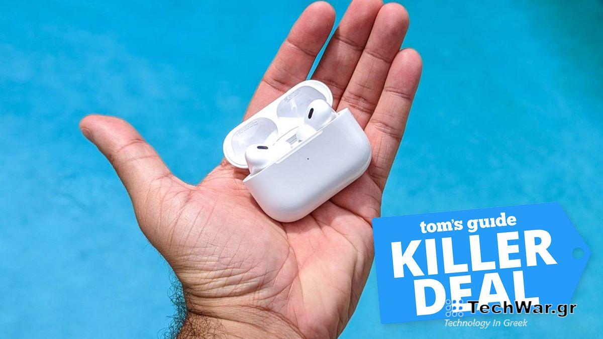 Apple AirPods Pro 2 USB-C in hand against a blue background with deal tag 