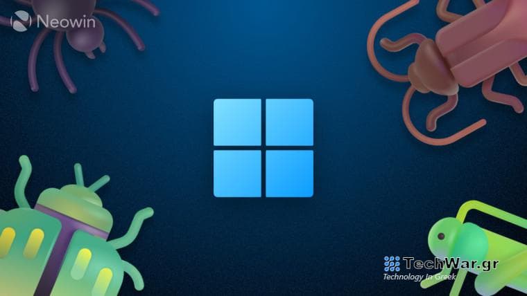 A Windows 11 logo surrounded by bugs