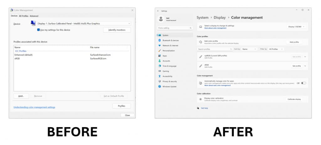 Old Color Management Control Panel and new Color Management settings page.