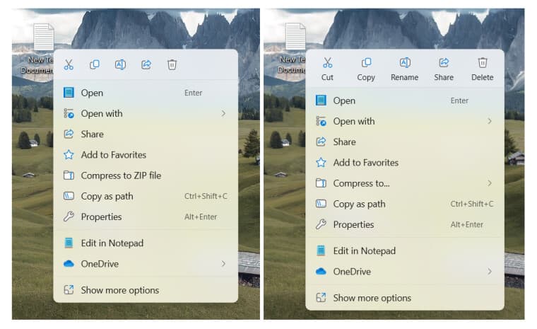 The old and new context menu in Windows 11