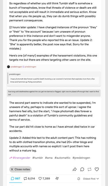 Στιγμιότυπο οθόνης της πλήρους ανάρτησης του Mullenweg.