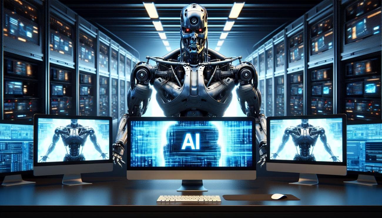 Ένα ρομπότ που μοιάζει με Εξολοθρευτή που κοιτάζει πάνω από AI