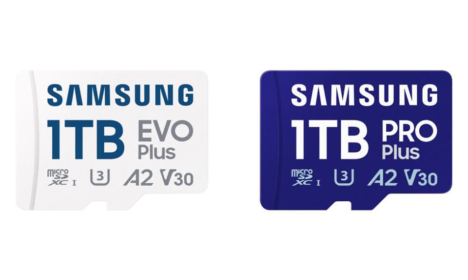 Εικόνα προϊόντος για κάρτα microSD Samsung 1 TB.  Δύο φύλλα (ένα λευκό, ένα άλλο μπλε) σε λευκό φόντο.