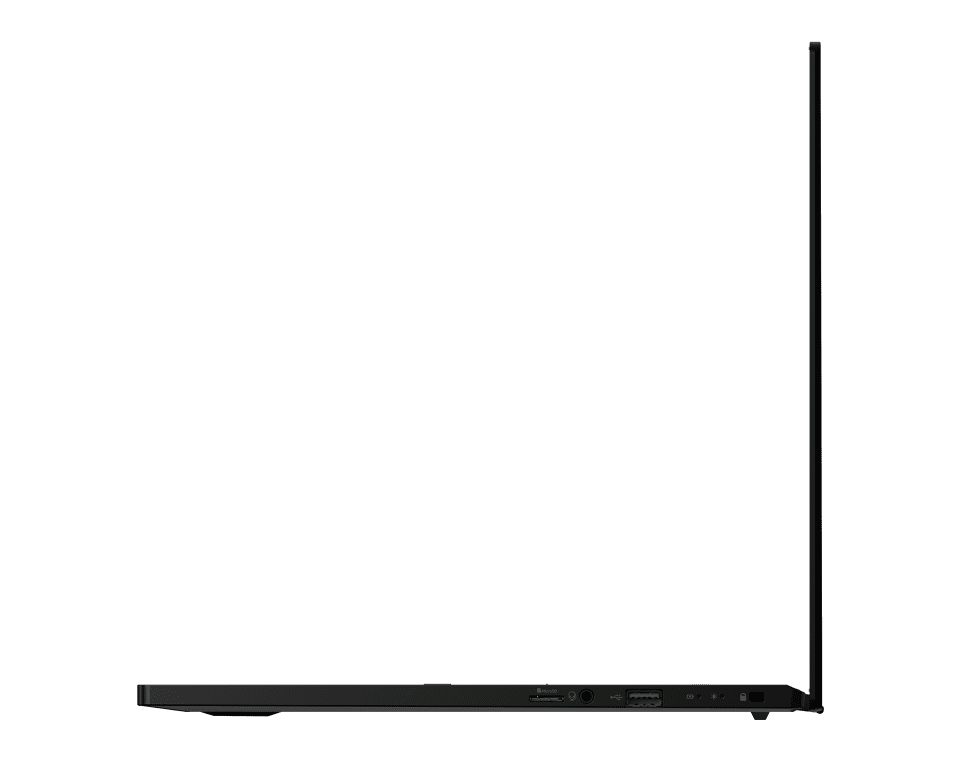 Πλαϊνή όψη προφίλ του (λεπτού) φορητού υπολογιστή Acer Swift Edge 16.  Μαύρο φορητό υπολογιστή μπροστά από γκρι φόντο.