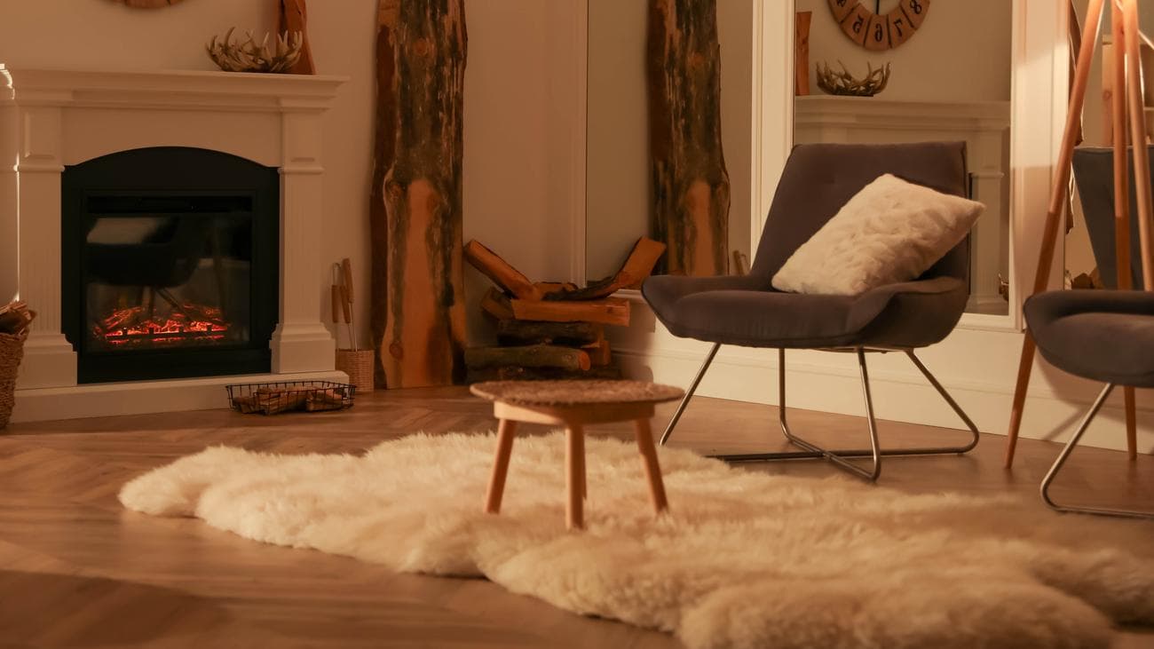 Λευκό γούνινο χαλί στο πάτωμα στο σαλόνι