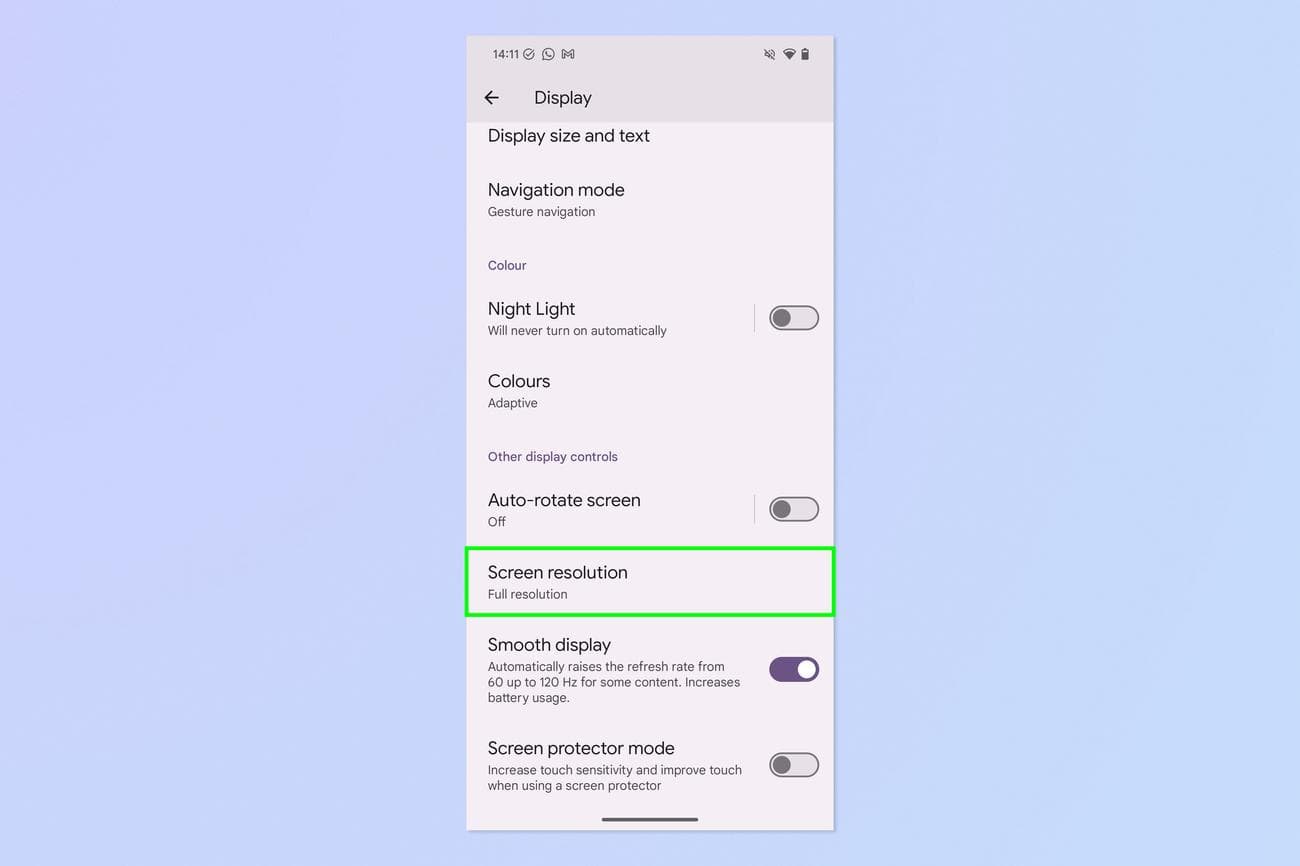 Ένα στιγμιότυπο οθόνης που δείχνει τον τρόπο προσαρμογής και μείωσης της ανάλυσης οθόνης σε τηλέφωνα Google Pixel