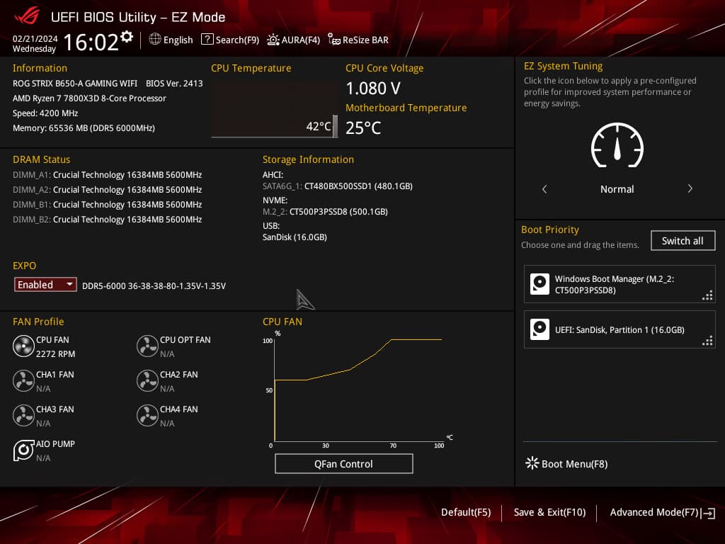 Crucial Pro Overclocking Edition DDR5 RAM με ενεργοποιημένο overclock EXPO στο ASUS BIOS