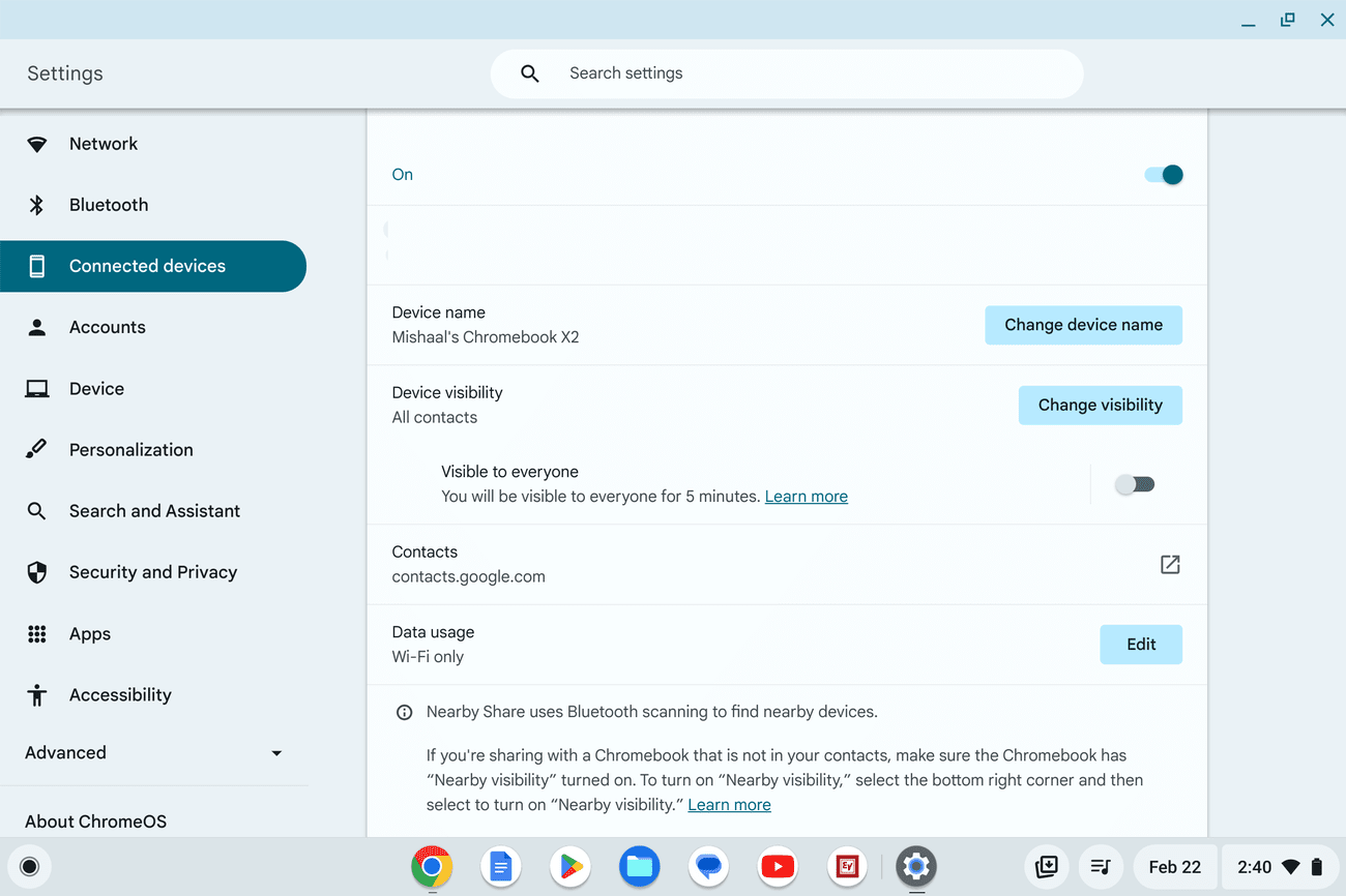 Ρυθμίσεις Nearby Share στο Chrome OS