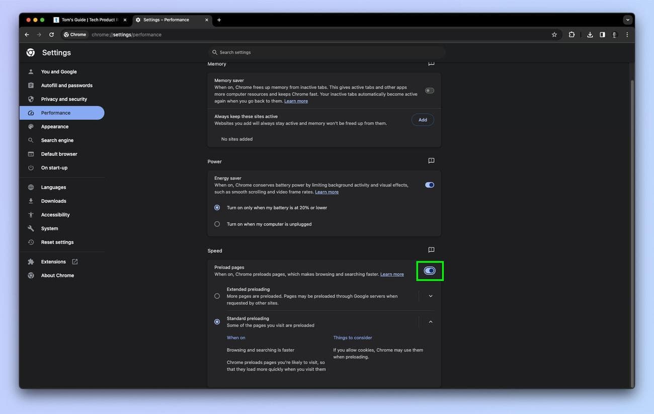 Ένα στιγμιότυπο οθόνης που δείχνει πώς να ενεργοποιήσετε την Εκτεταμένη προφόρτωση στο Chrome