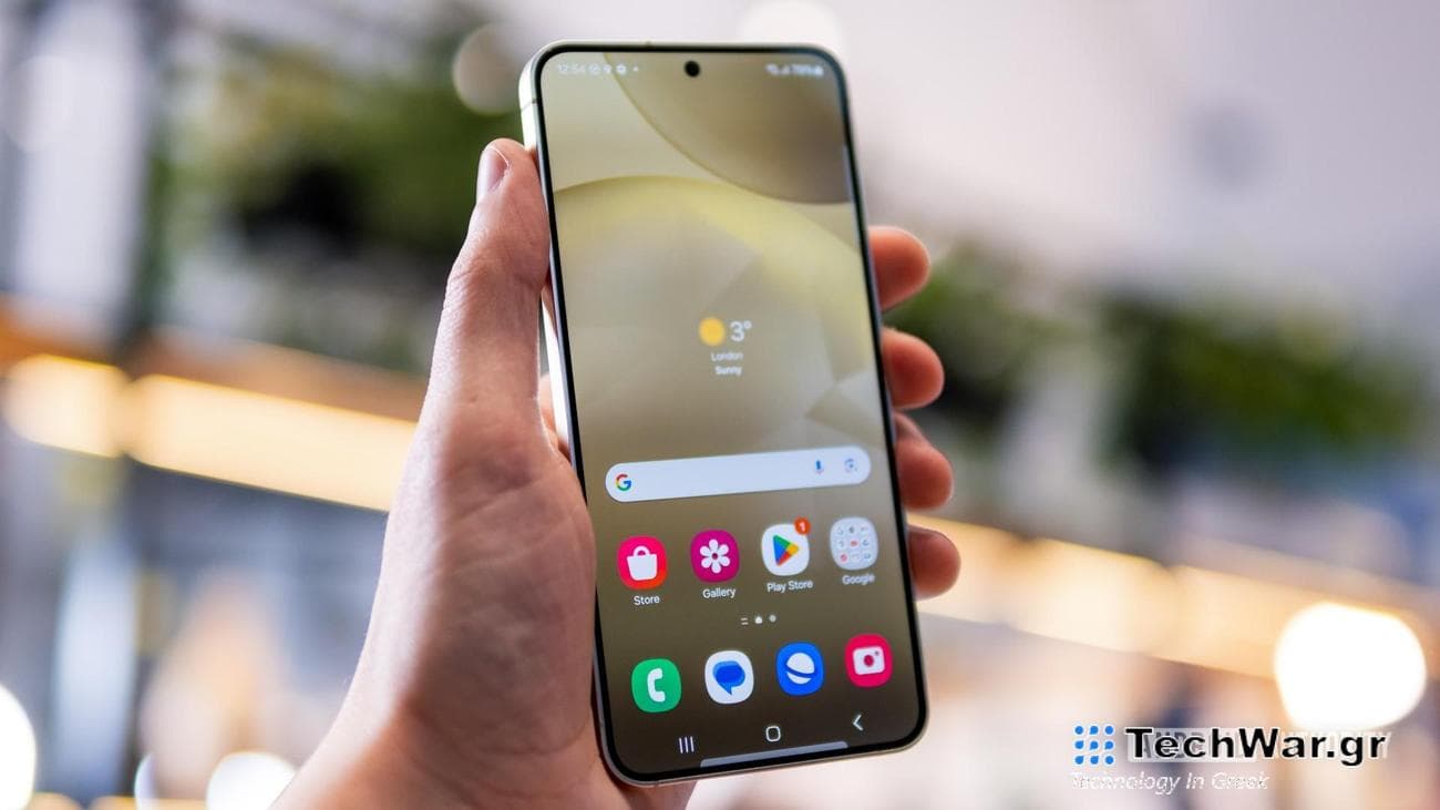 Samsung Galaxy S24 homescreen in hand angled