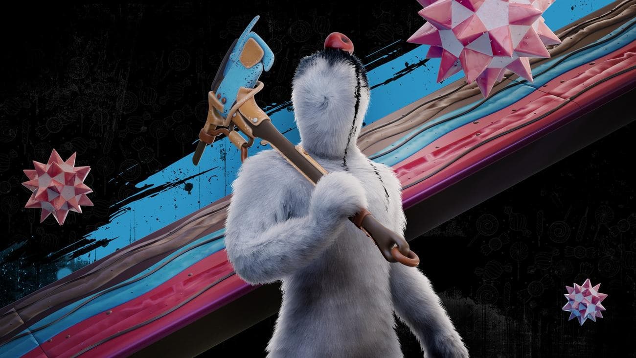 Ένα γούνινο ανθρωποειδές πλάσμα που κρατά ένα μπλε τσεκούρι πάνω από τον ώμο του σε μαύρο φόντο με ροζ και μπλε μπογιές πάνω του