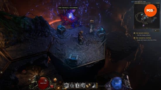 Best Last Epoch classes: ο παίκτης στέκεται δίπλα σε μια πύλη για το παρελθόν και το NPC που του επιτρέπει να επιλέξει την κυριαρχία του.