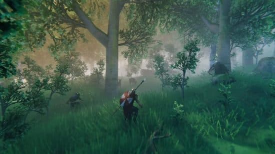 Best survival games: Valheim. Image shows a hunter stalking the woods.