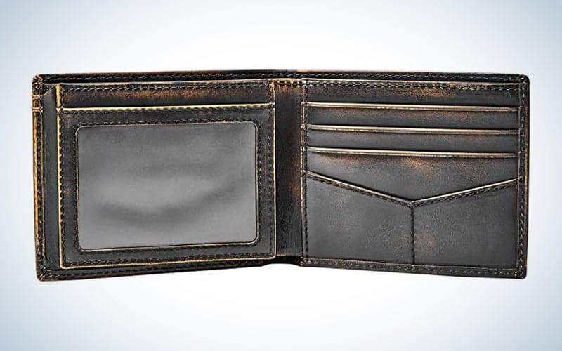 A Fossil wallet on a blue and white background