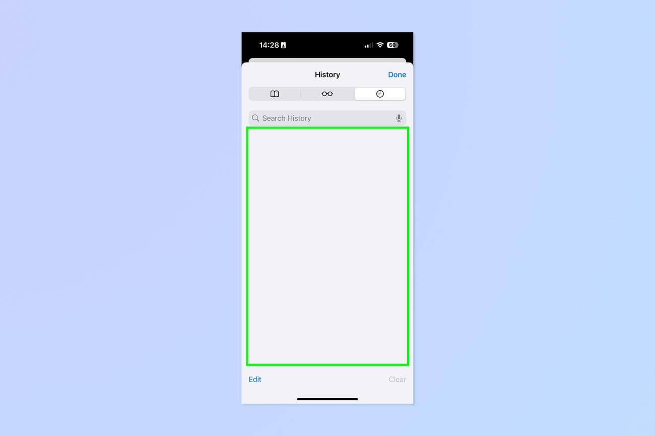 Ένα στιγμιότυπο οθόνης που δείχνει το κενό ιστορικό περιήγησης στο Safari για iPhone