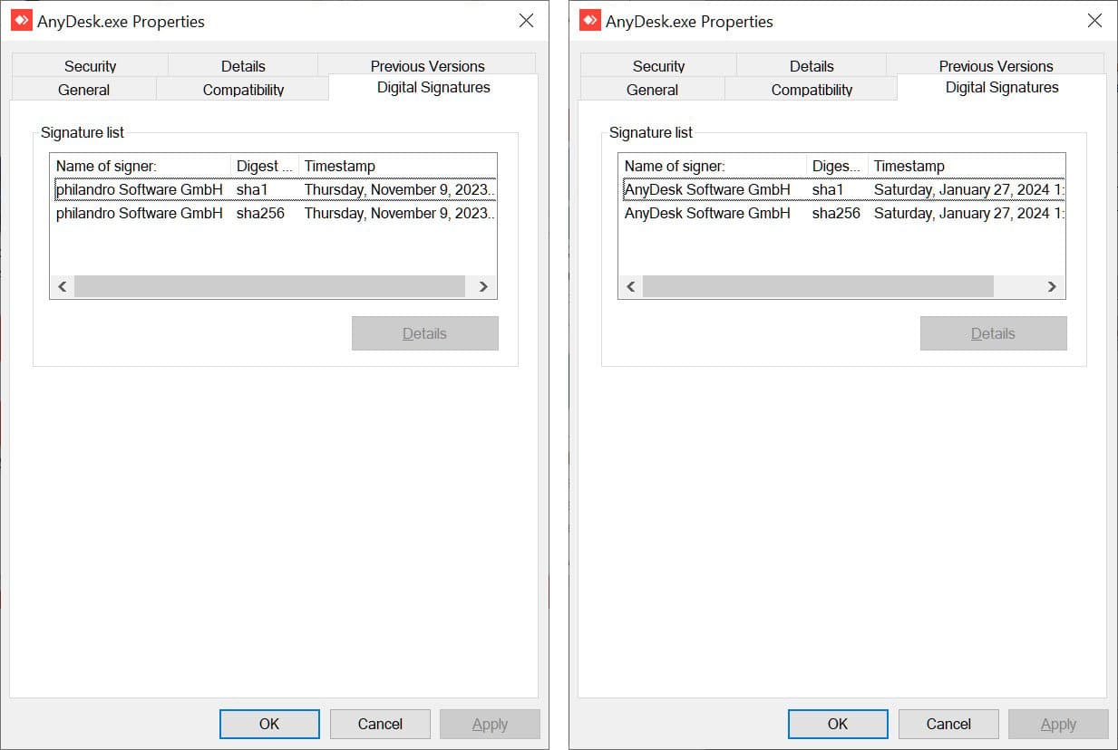 Υπογεγραμμένο AnyDesk 8.0.6 (αριστερά) vs AnyDesk 8.0.8 (δεξιά)